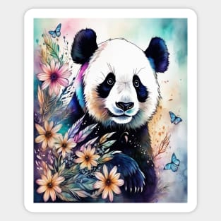 Fantasy, Watercolor, Panda Bear With Flowers and Butterflie Sticker